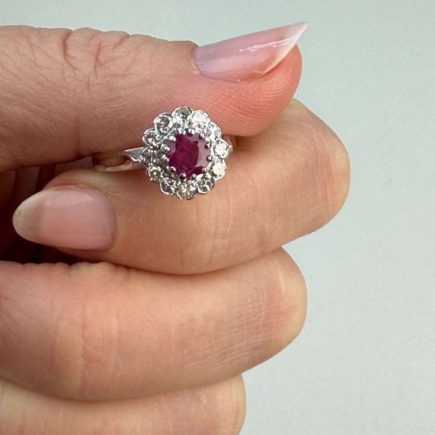 18K White Gold Ruby and Natural Diamond Cluster Ring Size 6