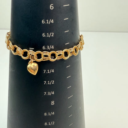 7" Vintage Triple Link Bracelet 14K Yellow Gold 6.75mm 4.31g with Puff Heart Charm