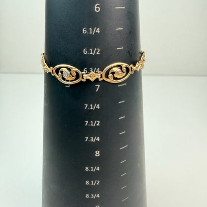 6.75" Vintage 1940's Open Work Oval Links with Diamonds 10K Yellow Gold Bracelet 8.88mm 5.26g