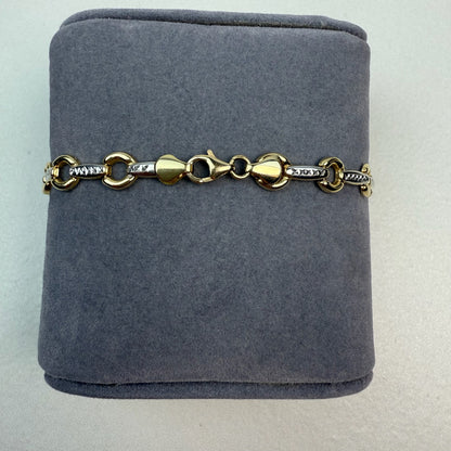 7" Etched Bar and Circle Link 10K Two Tone Gold Bracelet 6.89 mm 4.25g