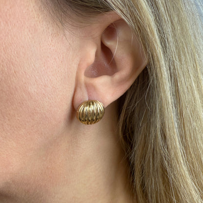 Retro Domed Lined Detail Post Earrings 14K Yellow Gold