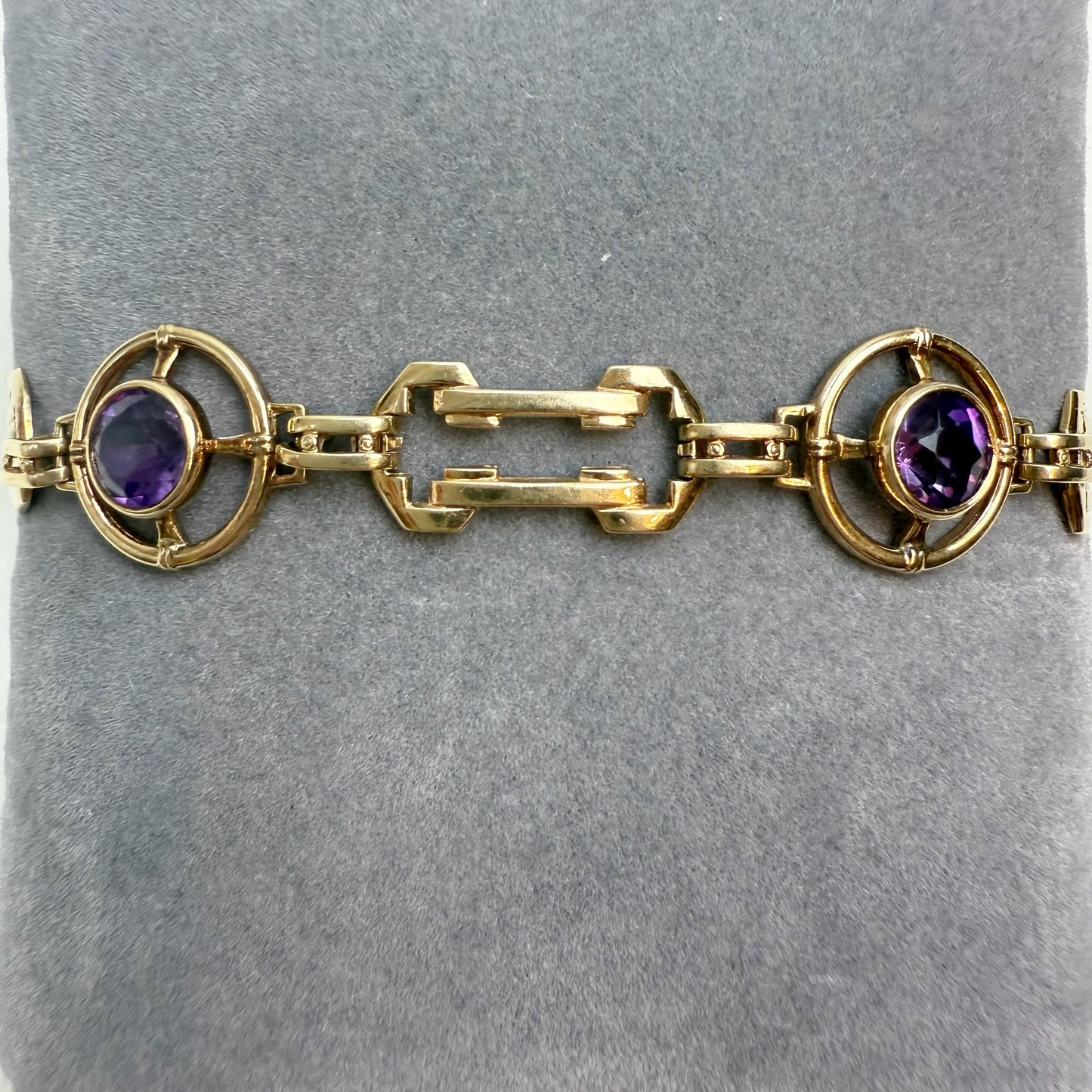 6.75" Vintage Amethyst Architectural Link 10K Yellow Gold Bracelet 12.52mm 8.11g