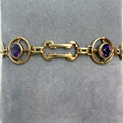 6.75" Vintage Amethyst Architectural Link 10K Yellow Gold Bracelet 12.52mm 8.11g
