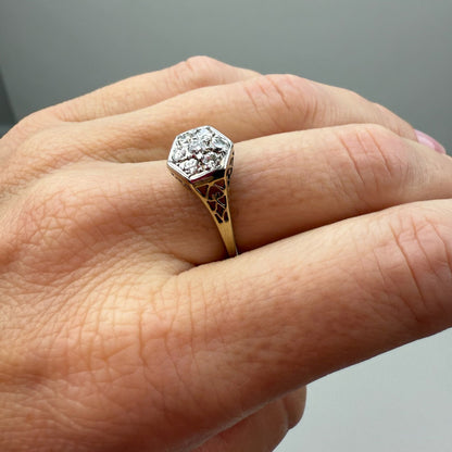 14K Art Deco European Cut Diamond Cluster Ring Yellow Gold, Size 6.75