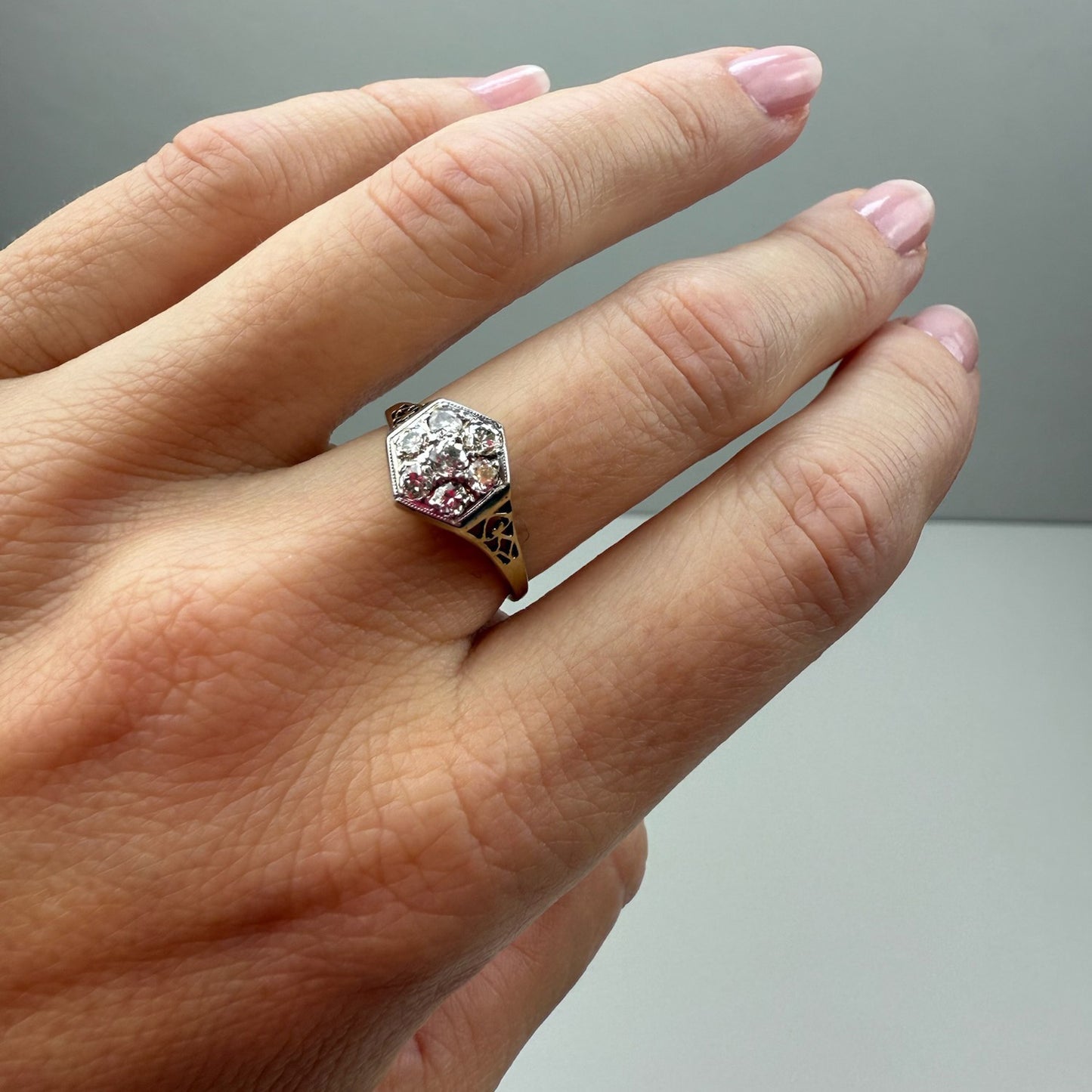 14K Art Deco European Cut Diamond Cluster Ring Yellow Gold, Size 6.75