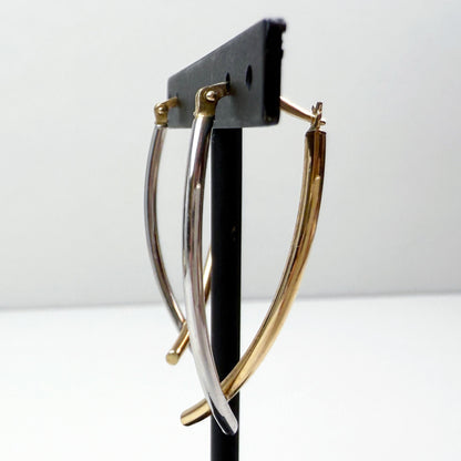 Two-Tone Reversible Elongated Linear Hoop Earrings 14K Yellow and White Gold