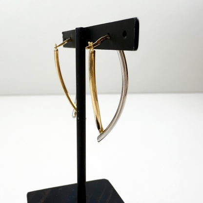 Two-Tone Reversible Elongated Linear Hoop Earrings 14K Yellow and White Gold