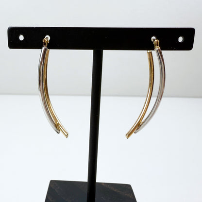 Two-Tone Reversible Elongated Linear Hoop Earrings 14K Yellow and White Gold