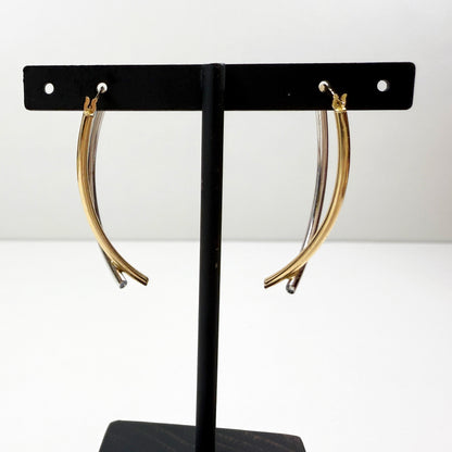 Two-Tone Reversible Elongated Linear Hoop Earrings 14K Yellow and White Gold