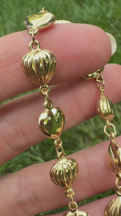 6.5" Solid 10K Yellow Gold Alternating Polished and Ribbed Puff Heart Bracelet, 3.69 g