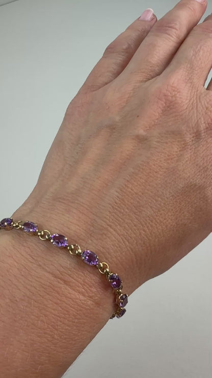 6.75" Solid 10K Yellow Gold Oval Amethyst Link Bracelet, 4.5g