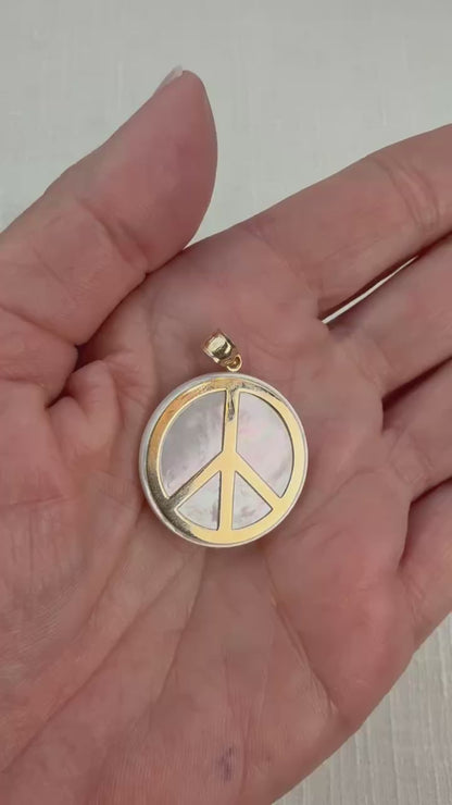 Solid 14K Yellow Gold and Mother of Pearl Peace Sign Pendant, 3.70 grams