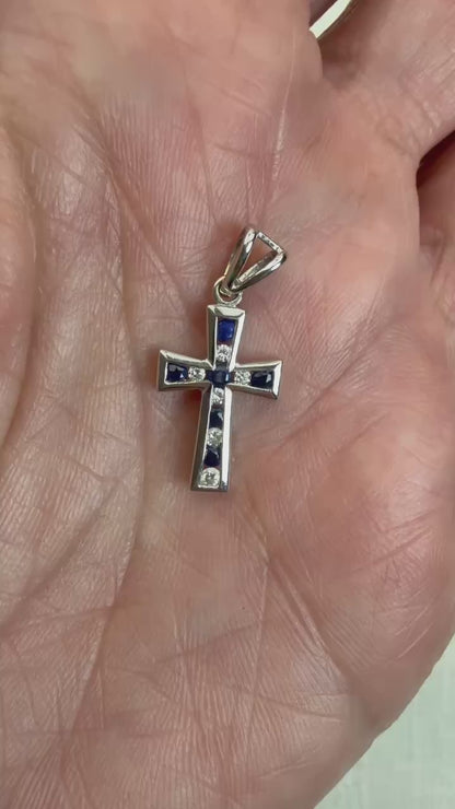Solid 14K White Gold Diamond and Sapphire Cross — 1.21 grams