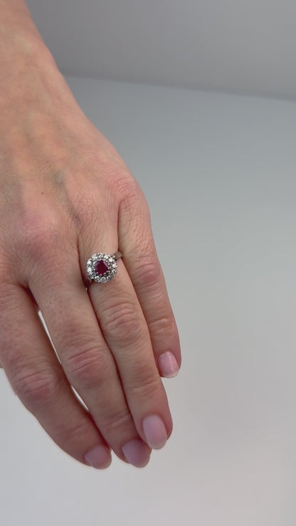 18K White Gold Ruby and Natural Diamond Cluster Ring Size 6