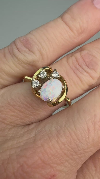14K Vintage Opal and Diamond Yellow Gold Ring, Size 6.75