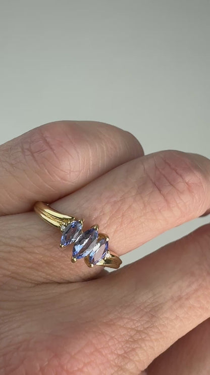 Solid 10k Yellow Gold Marquise Iolite and Diamond Accent Ring, Size 7