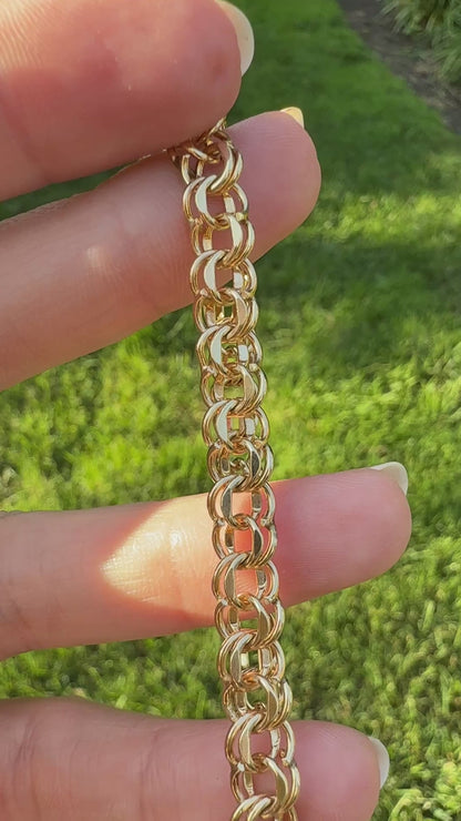 6.75+" Vintage Solid 14K Yellow Gold Faceted Double Circle Link Bracelet, 12.21 g