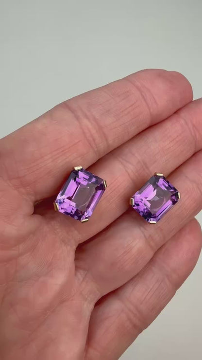 Estate 14k Solid Yellow Gold Elegant Emerald Cut Amethyst Stud Earrings, 4.89g