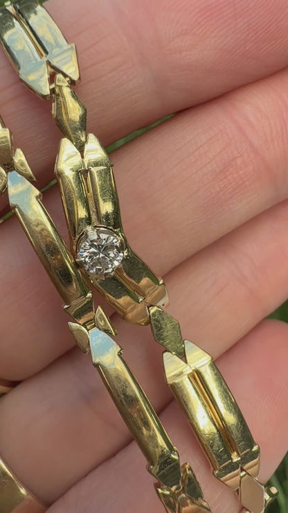 16" Solid 14K Yellow Gold Italian Geometric Link Necklace with .35 -.40 CT Natural Diamond, 17 g