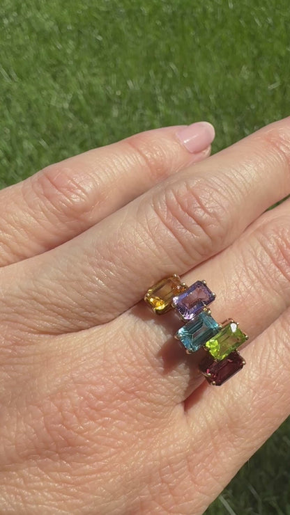 Solid 10K Yellow Gold Eye-catching Five Gemstone Ring, Size 5.75