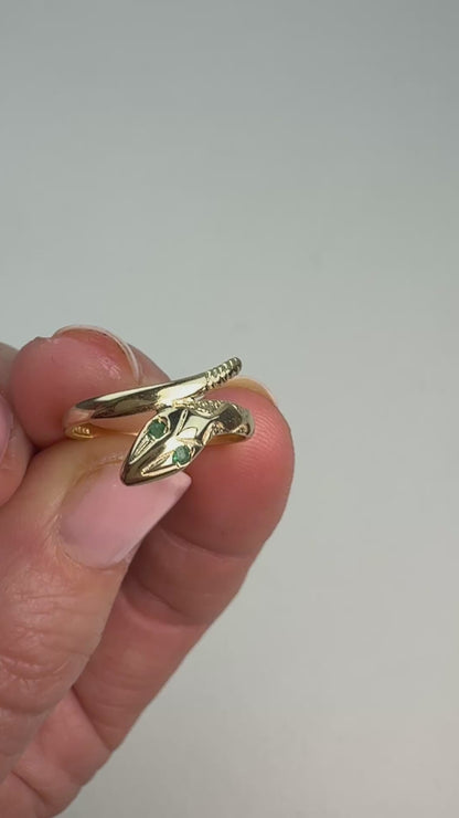 9K Yellow Gold with Emerald eyes snake ring, Size 7.25