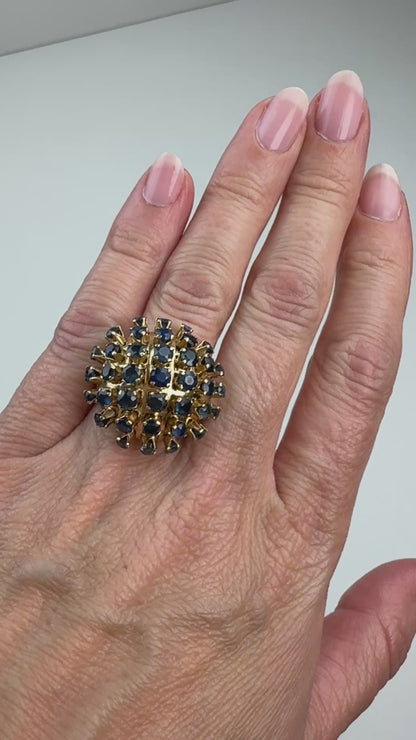 14K Solid Yellow Gold Mid-century Sapphire Dome Ring, 6.83 g