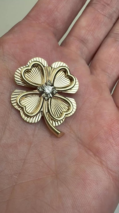 Vintage 14K Engine-turned Four-leaf Clover Pendant/Broochwith Diamond, 7.11 grams