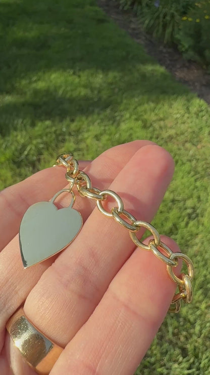 7.25+" Solid 14k Yellow Gold Oval Link Bracelet with Heart Charm Bracelet, 6.28 g