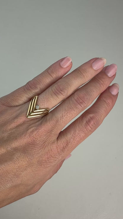 10K Solid Yellow Gold Chevron Diamond Accent Ring, Size 5.25