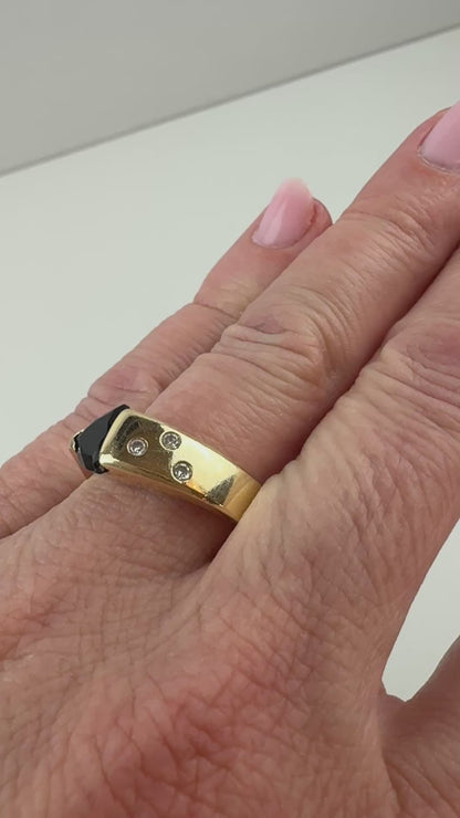 14K Solid Yellow Gold Striking Onyx and Diamond Ring, Size 7.5