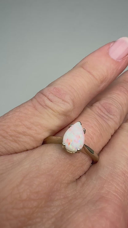 14K White Gold Pear Shape Opal Solitaire Ring, Size 7.75