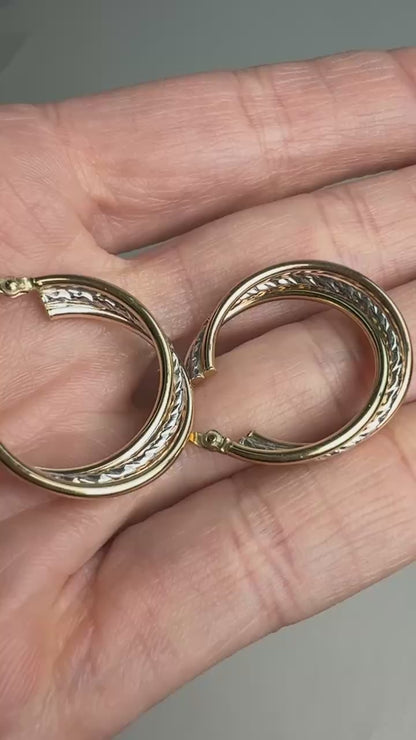 Italian 14k Solid Two-tone Gold Hoop Earrings, 1.85 g