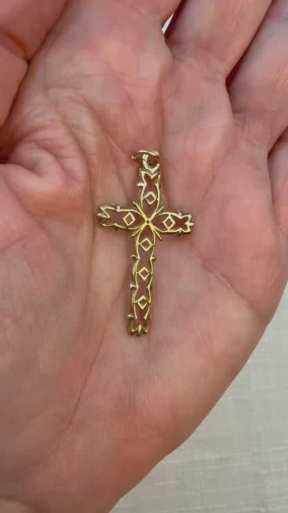 Solid 14K Yellow Gold Openwork Filigree Style Cross, 1.3g
