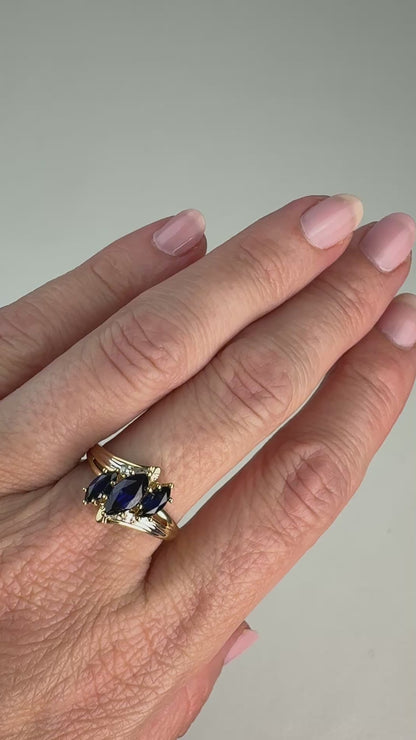 Solid 10k Yellow Gold Three-Stone Marquise Sapphire and Diamond Ring, Size 7.75