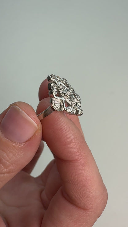10K Art Deco-Style Diamond Shield Ring White Gold, Size 5.75