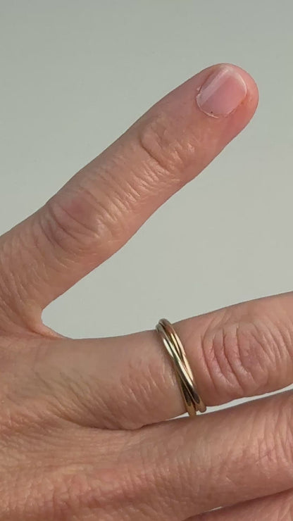 14K Italian Classic Triple Rolling Ring Yellow, White, and Rose Gold Size 4