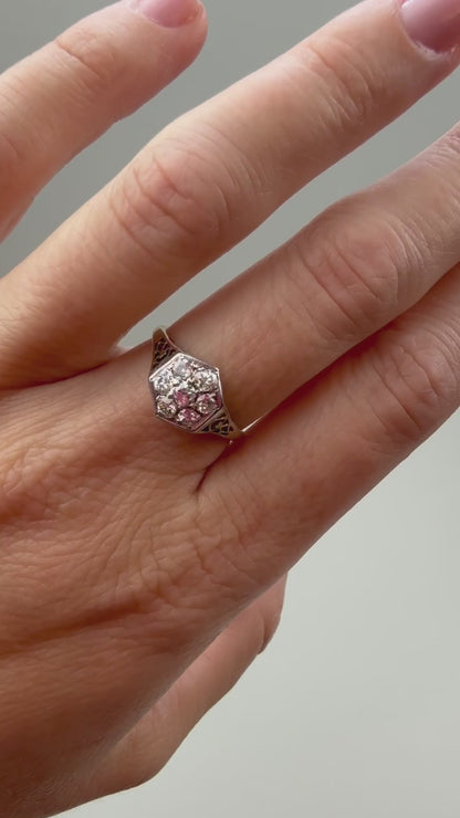 14K Art Deco European Cut Diamond Cluster Ring Yellow Gold, Size 6.75