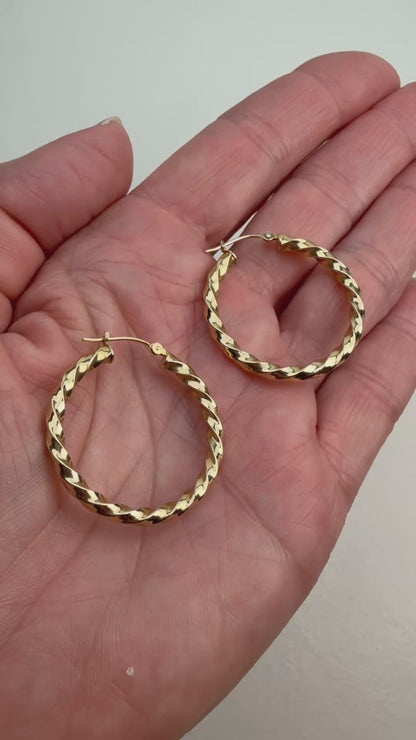 14k Solid Yellow Gold Mid-size Classic Twisted Hoop Earrings, 1.82 g