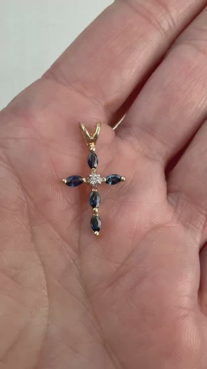 Solid 14K Yellow Gold Sapphire and Diamond Cross Pendant, 1.23 grams