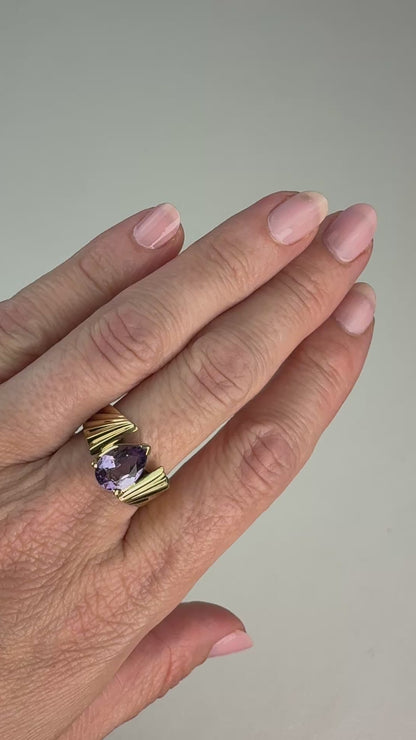 Solid 10K Yellow Gold Pear-shaped Amethyst Sculptural Ring, Size 7.75