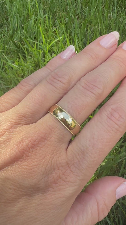 14K Solid Yellow Gold Wide Band Ring with Milgrain Edge 6.14mm, Size 7.75