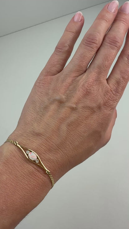 5.5-5.75" Solid 14K Yellow Gold Opal and Diamond&nbsp; Bracelet, 3.57 g