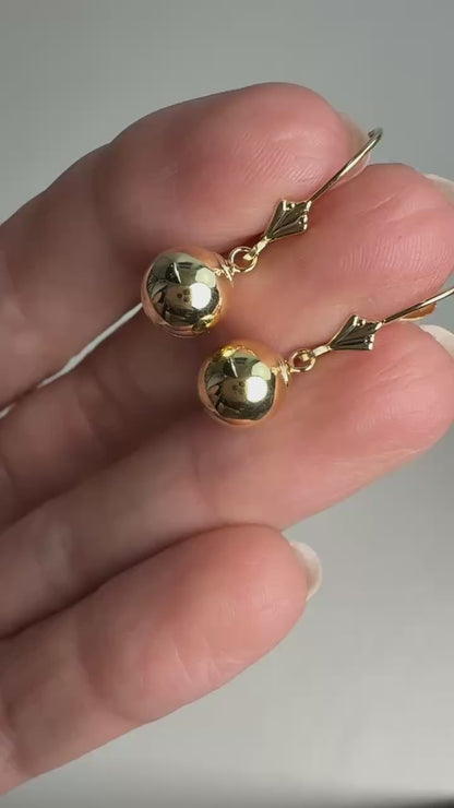 14k Solid Yellow Gold Polished Ball Leverback Drop Earrings, 1.09 g