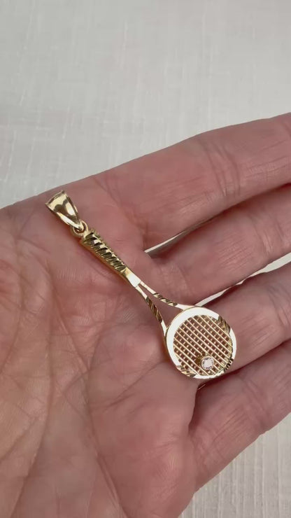 Solid 14K Yellow Gold with Diamond Tennis Racket Pendant Charm, 3.62 grams