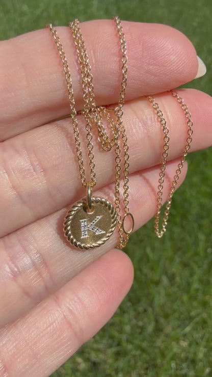 Estate David Yurman K Initial Disk Charm Necklace in 18K Yellow Gold with Pavé Diamonds