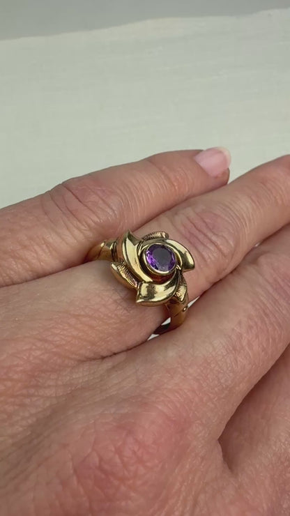 Vintage 10K Solid Yellow Gold Bezel Set Amethyst Mid-Century Ring, Size 5.75
