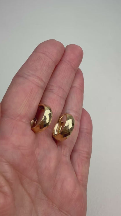 14k Solid Yellow Gold Beautifully Faceted Chunky Hoop Earrings, 2.29 g