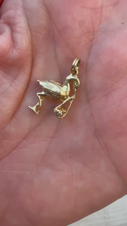 Vintage Solid 14K Yellow Gold Charming Vintage 3D Two-Sided Stork– 2.38