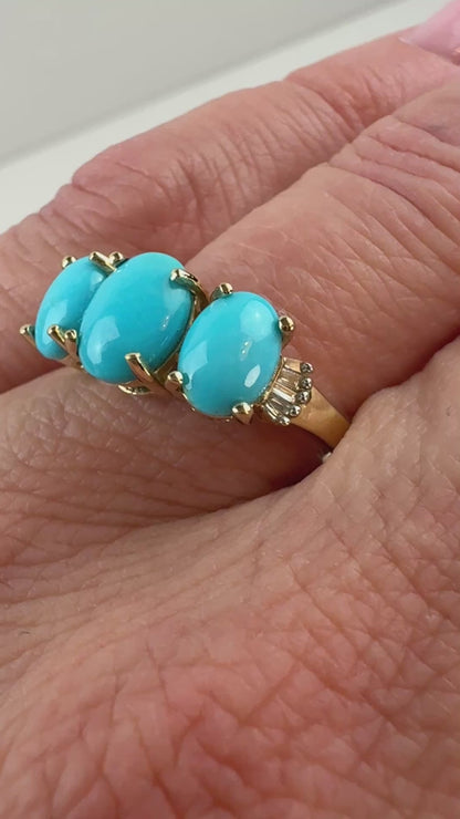 10K Solid Yellow Gold Three Stone Turquoise and Diamond Ring, Size 8