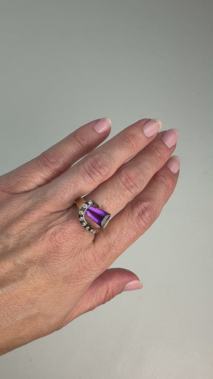 Solid 14K Two-Tone Sculptural Amethyst and Diamond Statement Ring, Size 7.75